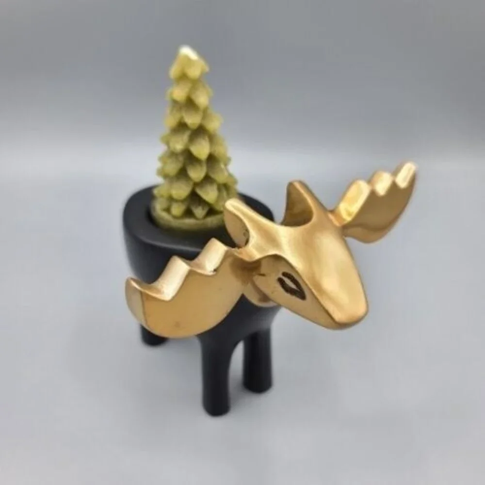 Moose and Christmas Tree Black Metal Candle Holder